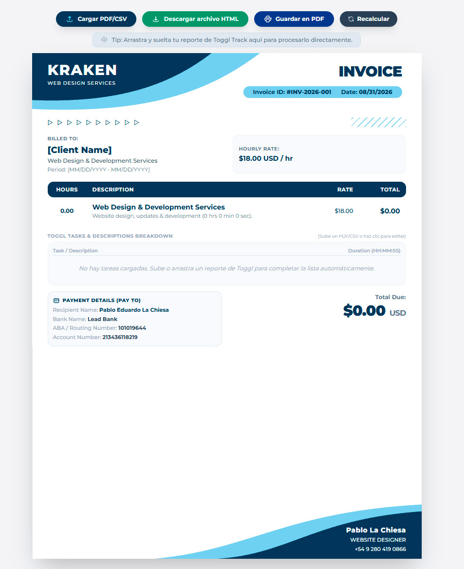 InvoKraken invoice editor showing a branded A4 invoice preview