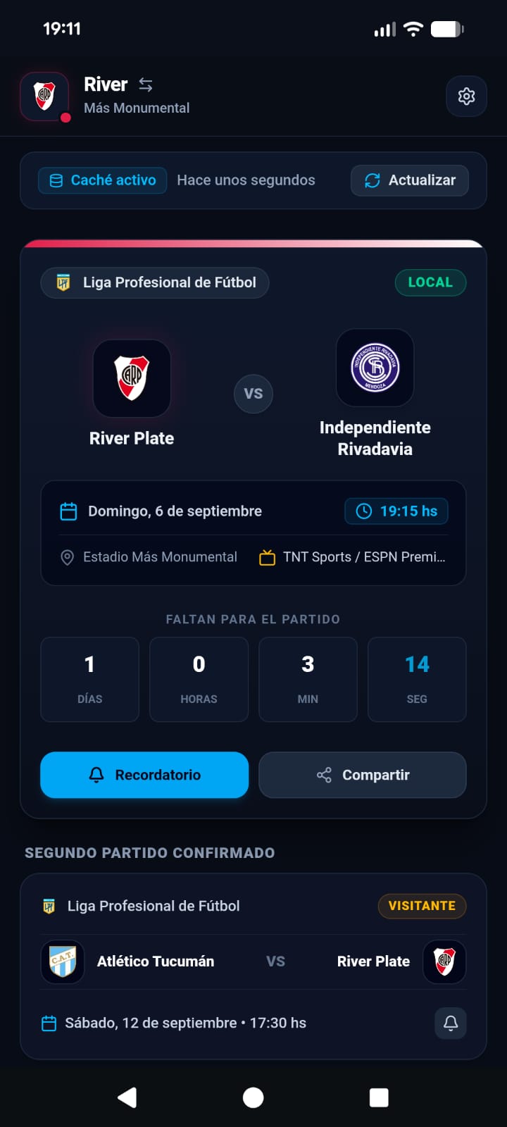 Mi Equipo LPF next fixtures dashboard with countdown and match details